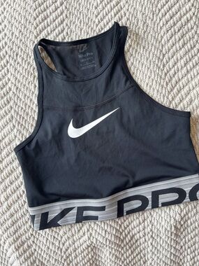 Nike Black Sports Crop Top with White Swoosh and Striped Band